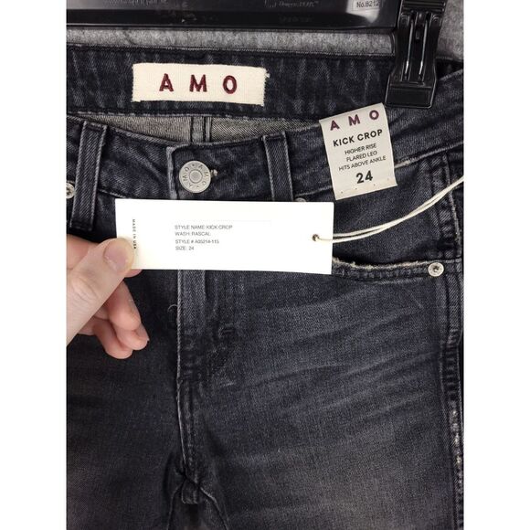 AMO Kick Crop Jeans Women's 24 (27 x 26) Bootcut Crop Raw Hem Black Faded NWT - Picture 3 of 9